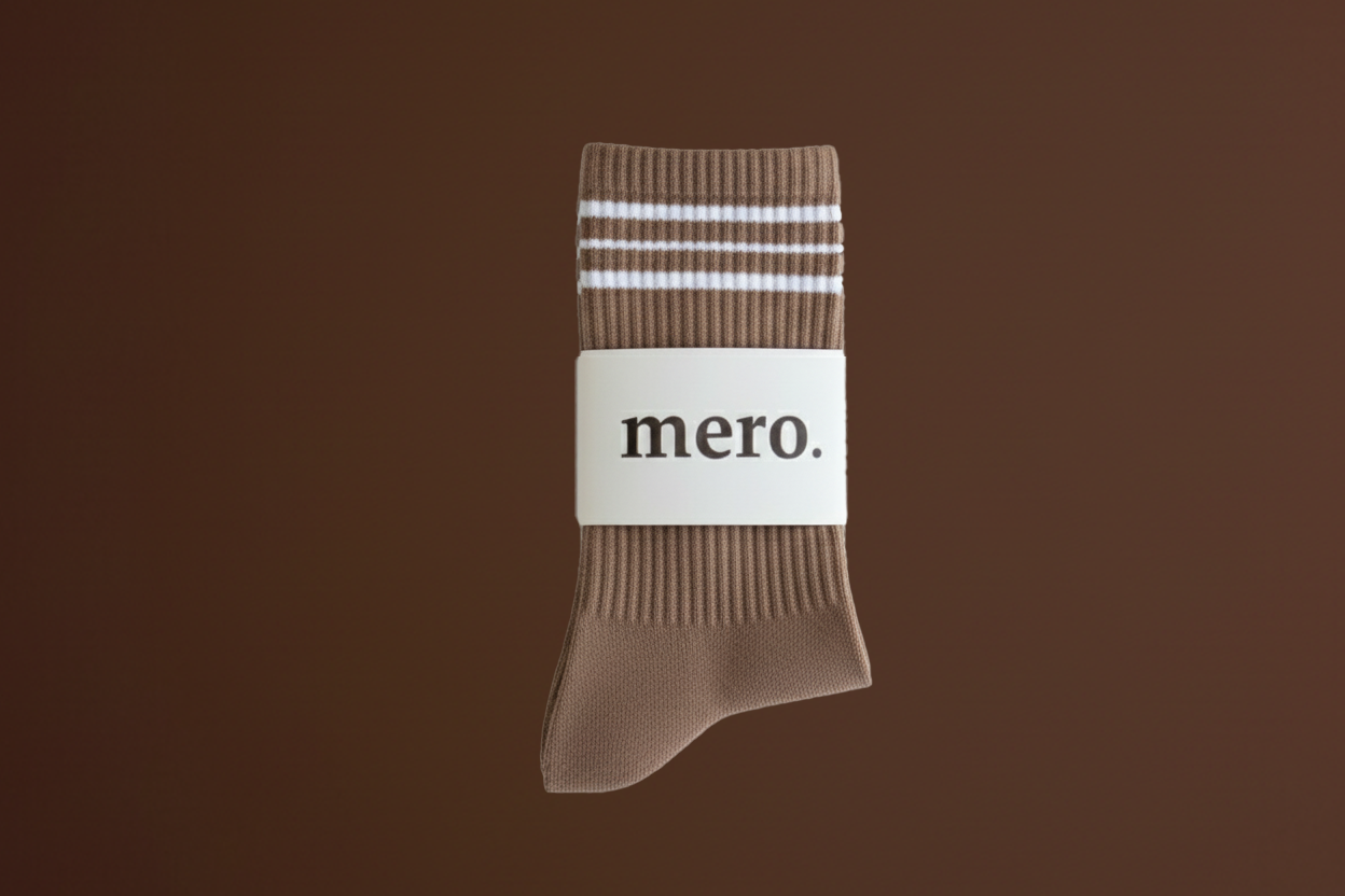 Close up of brown merino wool pilates grip socks with knit texture