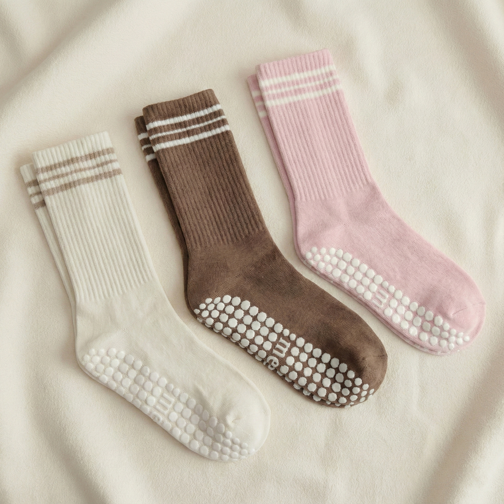 Three pairs of merino wool pilates grip socks in beige, brown, and pink on a beige background